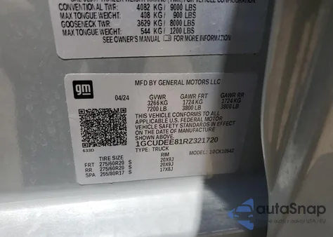 2024 Chevrolet Silverado K1500 Rst из США, поврежденный, VIN 1GCUDEE81RZ321720